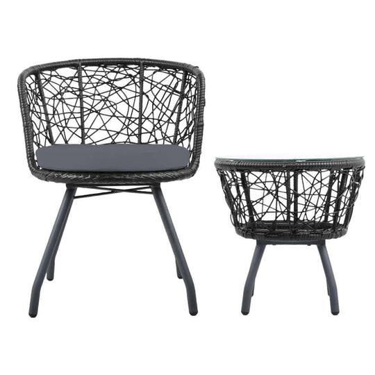 Gardeon 3PC outdoor bistro set featuring black rattan chairs with high-density foam cushions, perfect for patio or garden.