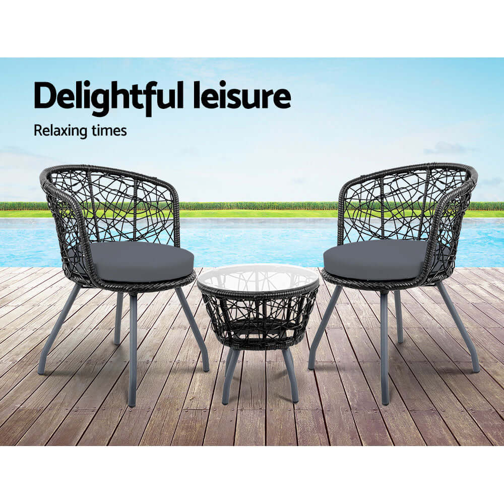 Gardeon 3PC Rattan Bistro Set with Black Cushions for Outdoor Relaxation by Poolside