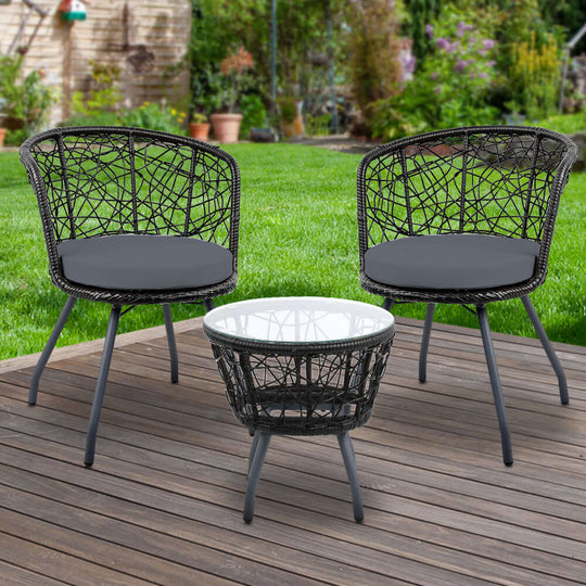 Gardeon 3PC outdoor bistro set featuring black rattan chairs and table with cushion, perfect for patio or garden use.