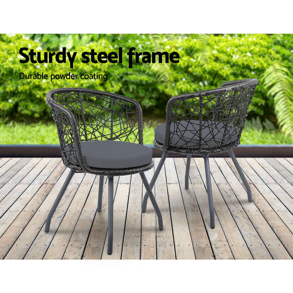 Gardeon rattan chair set featuring sturdy steel frame and powder coating, perfect for outdoor or indoor dining.