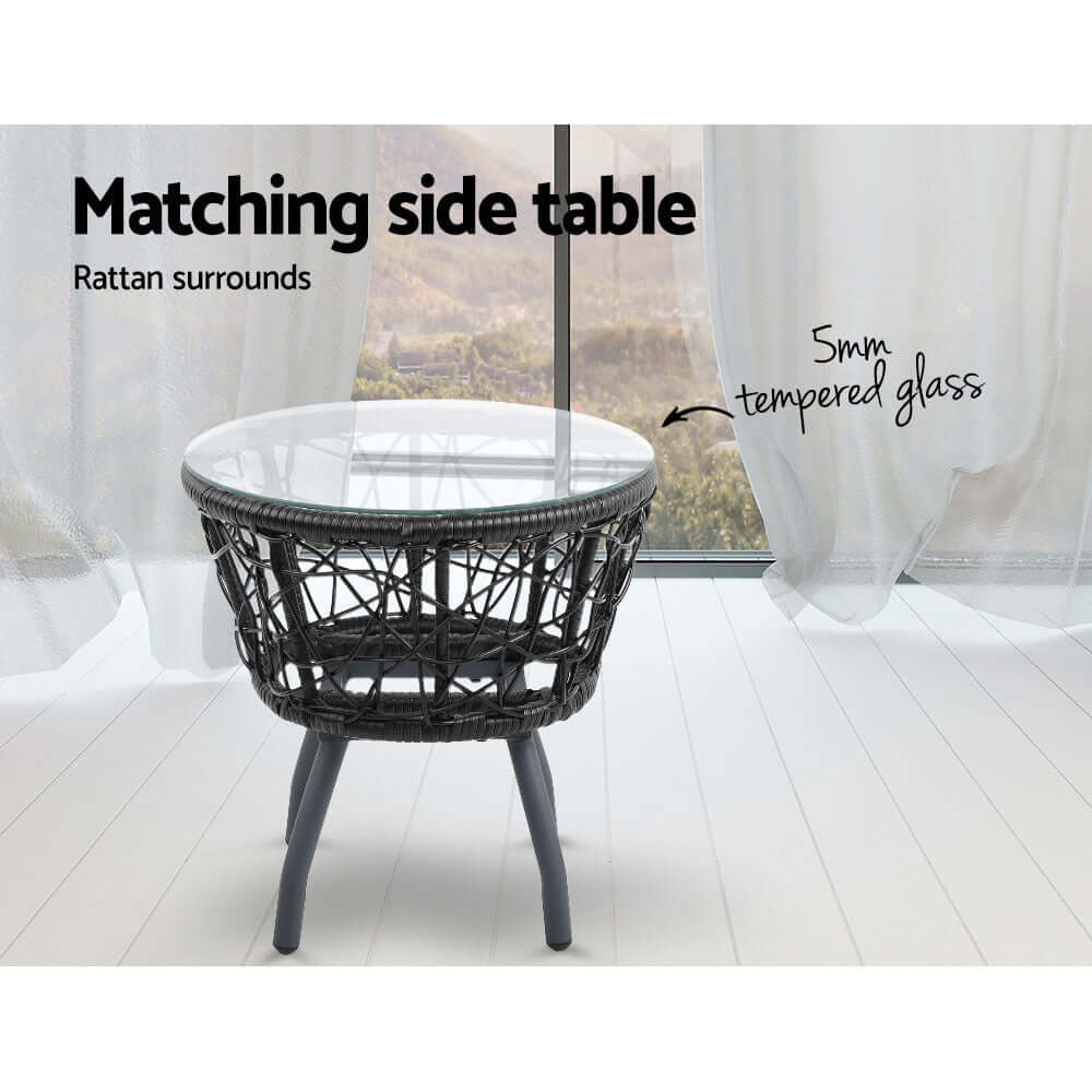 Gardeon matching side table with rattan surrounds and 5mm tempered glass top, ideal for stylish outdoor or indoor settings.