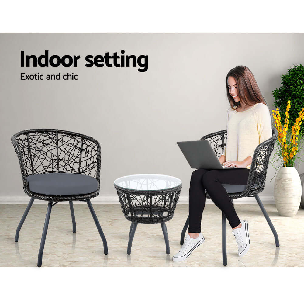 Gardeon 3PC Bistro Set in an indoor setting, featuring rattan chairs and a stylish table for affordable luxury.