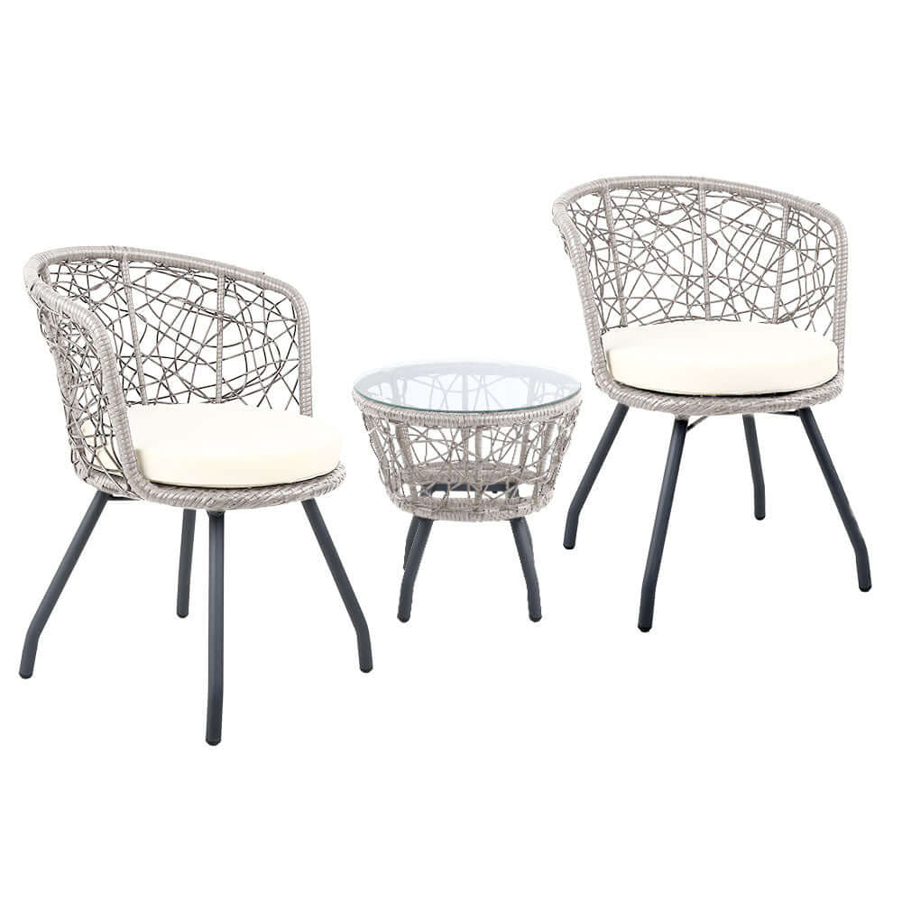 Gardeon 3PC outdoor bistro set with grey rattan chairs and glass table, perfect for affordable patio or garden decor.