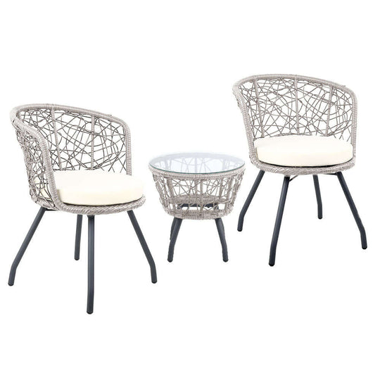 Gardeon 3PC outdoor bistro set with grey rattan chairs and glass table, perfect for affordable patio or garden decor.