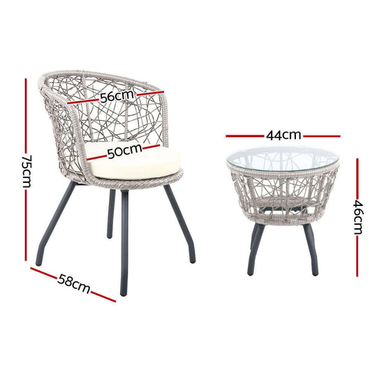 Gardeon grey rattan bistro set with dimensions: chair 75cm height, table 46cm height, perfect for outdoor patios.