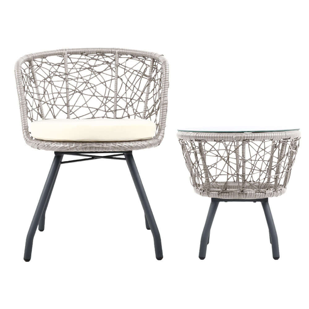 Gardeon 3PC outdoor rattan bistro set featuring chair and round table with plush cushion and stylish gray finish.