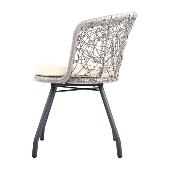 Affordable grey rattan outdoor chair with cream cushion, perfect for garden or patio settings.