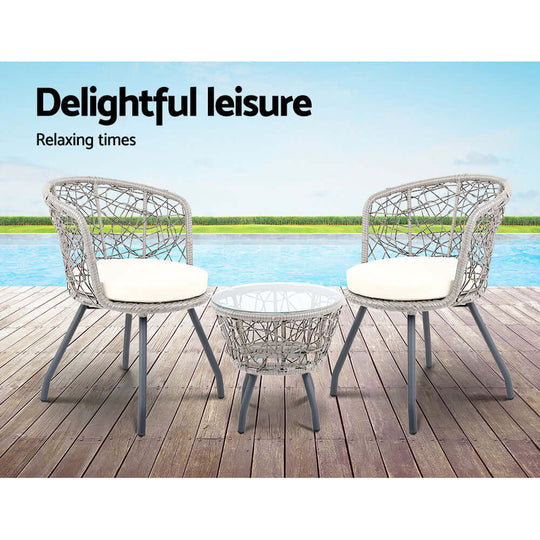 Gardeon 3PC grey rattan bistro set with cushions for outdoor relaxation by the pool.