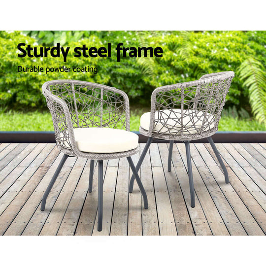 Gardeon grey rattan chairs with sturdy steel frame and cushions, ideal for affordable outdoor patio furniture.