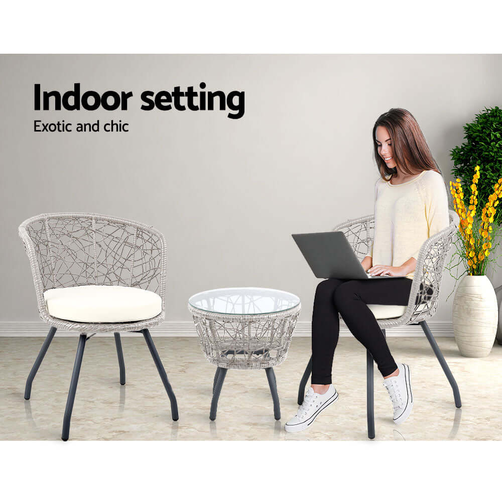 Gardeon 3PC Bistro Set in indoor setting, featuring rattan chairs and a stylish table, perfect for affordable luxury decor.