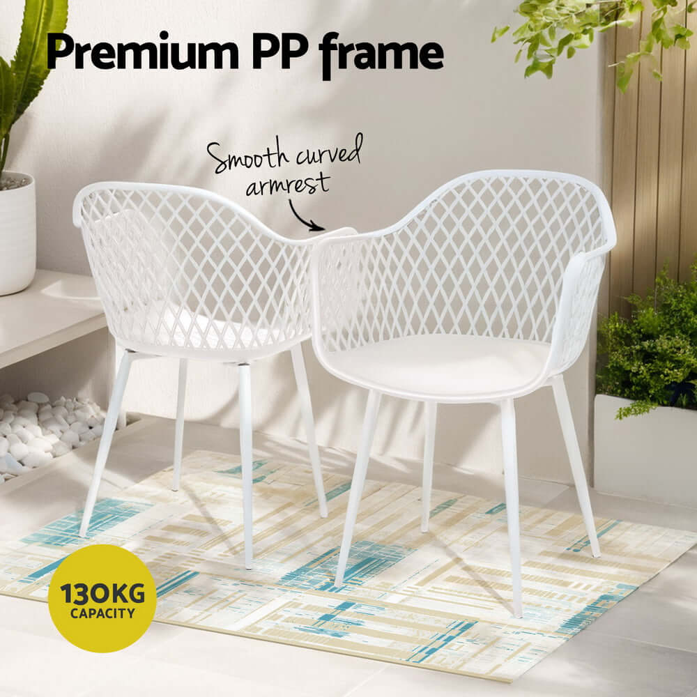 Gardeon outdoor dining chairs with premium PP frame and smooth curved armrest, 130kg capacity, perfect for stylish patio furniture.