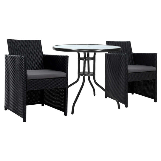 Gardeon 3PC outdoor bistro set with rattan chairs and glass-top table, perfect for patio or garden gatherings.