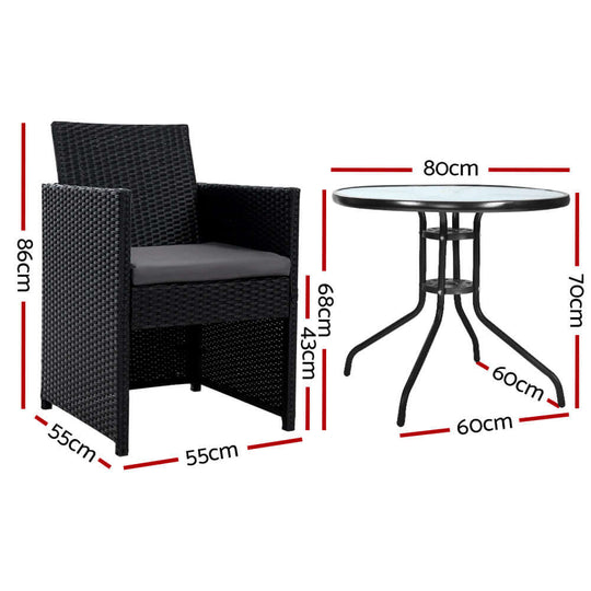 Gardeon 3PC Bistro Set with black rattan chairs and glass top table dimensions, perfect for outdoor patio gatherings.