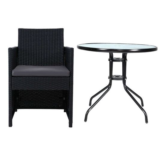 Gardeon 3PC Bistro Set with rattan chair and glass-top table, perfect for affordable outdoor patio dining.