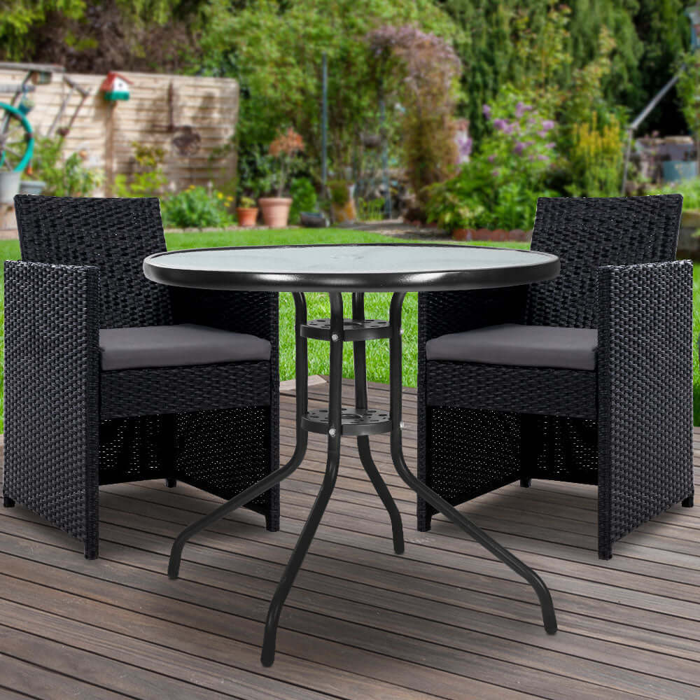 Gardeon 3PC outdoor bistro set with rattan chairs and glass table, perfect for affordable patio lounging.