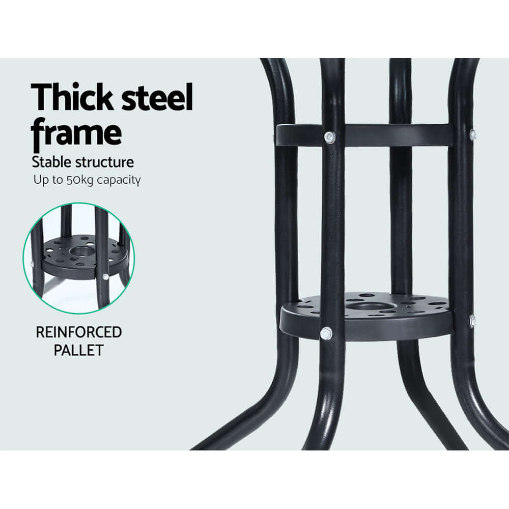 Thick steel frame of Gardeon bistro set, showcasing stability and support up to 50kg capacity.