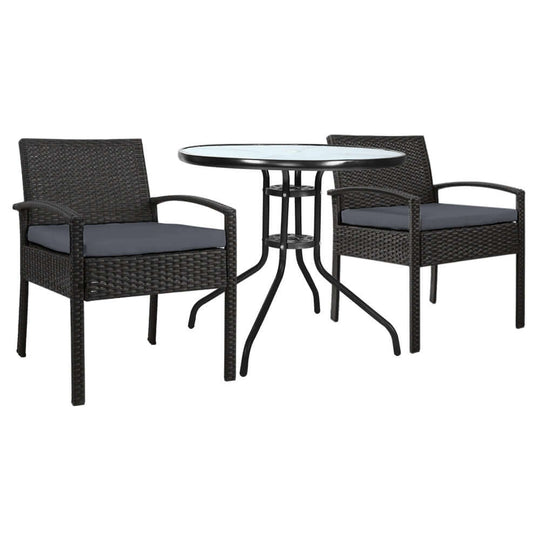 Gardeon 3PC outdoor bistro set with rattan chairs and glass table, affordable and stylish patio furniture.