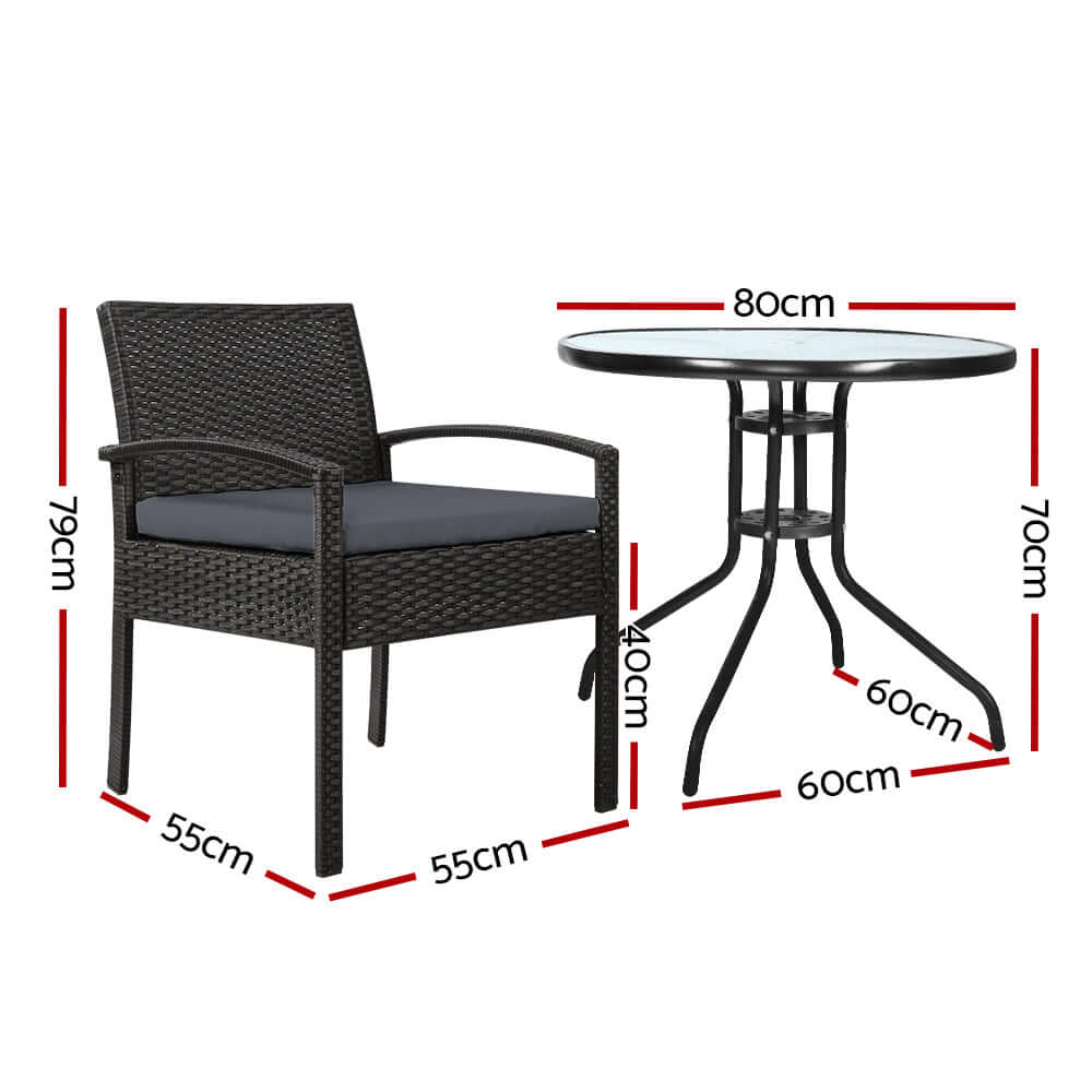 Gardeon 3PC outdoor bistro set with rattan chairs and glass table dimensions 80cm x 70cm, affordable quality patio furniture.