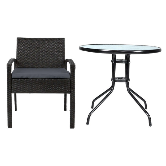 Gardeon 3PC outdoor bistro set featuring a black rattan chair and glass-top table, ideal for affordable luxury patio dining.