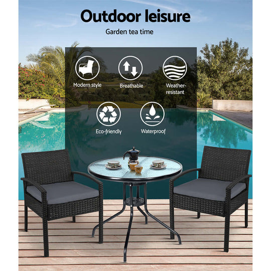 Gardeon outdoor bistro set with wicker chairs and glass table by pool, highlighting modern, breathable, weather-resistant features.