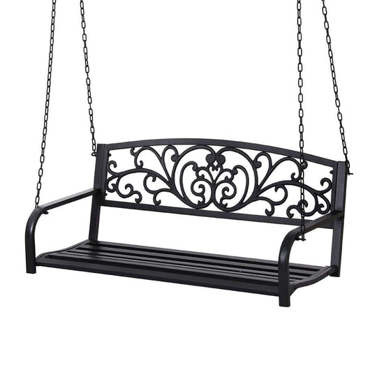 Gardeon outdoor porch swing chair in black, featuring floral backrest design and sturdy metal chains for patio relaxation.