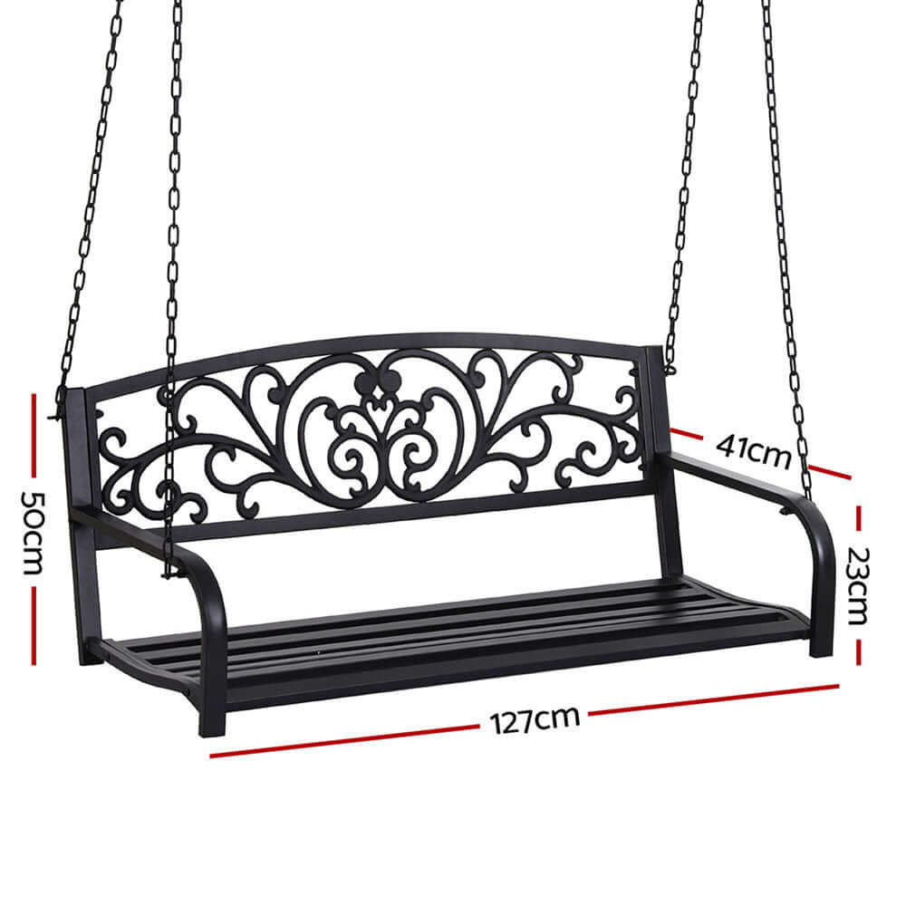 Gardeon outdoor porch swing chair, floral backrest design, black, 2-seater, durable, ideal for patio relaxation.