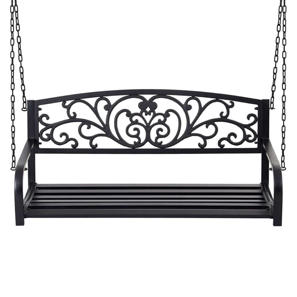 Gardeon floral backrest outdoor swing chair in black, ideal for relaxing on patios and balconies.