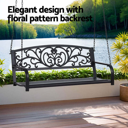 Gardeon outdoor swing chair with floral backrest, perfect for relaxing on the patio or balcony.