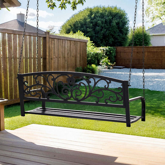 Gardeon floral backrest outdoor porch swing chair for two in a serene garden setting.