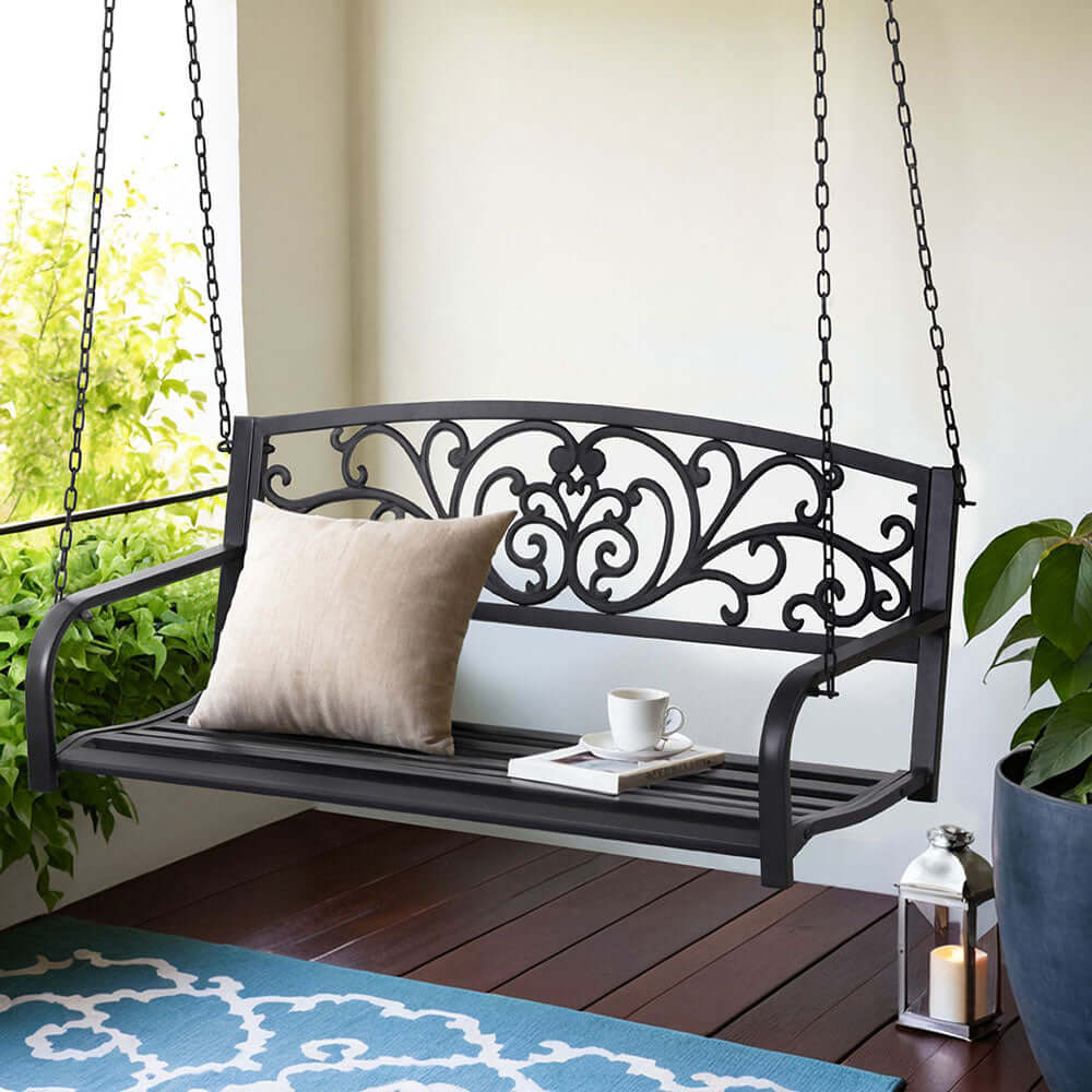 Gardeon outdoor porch swing chair with floral backrest, perfect for relaxing on patio or balcony.