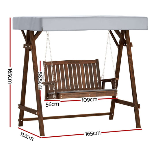 Gardeon Outdoor Wooden Swing Chair with Canopy, 2-seater dimensions: 165cm height, 109cm width, charcoal finish.