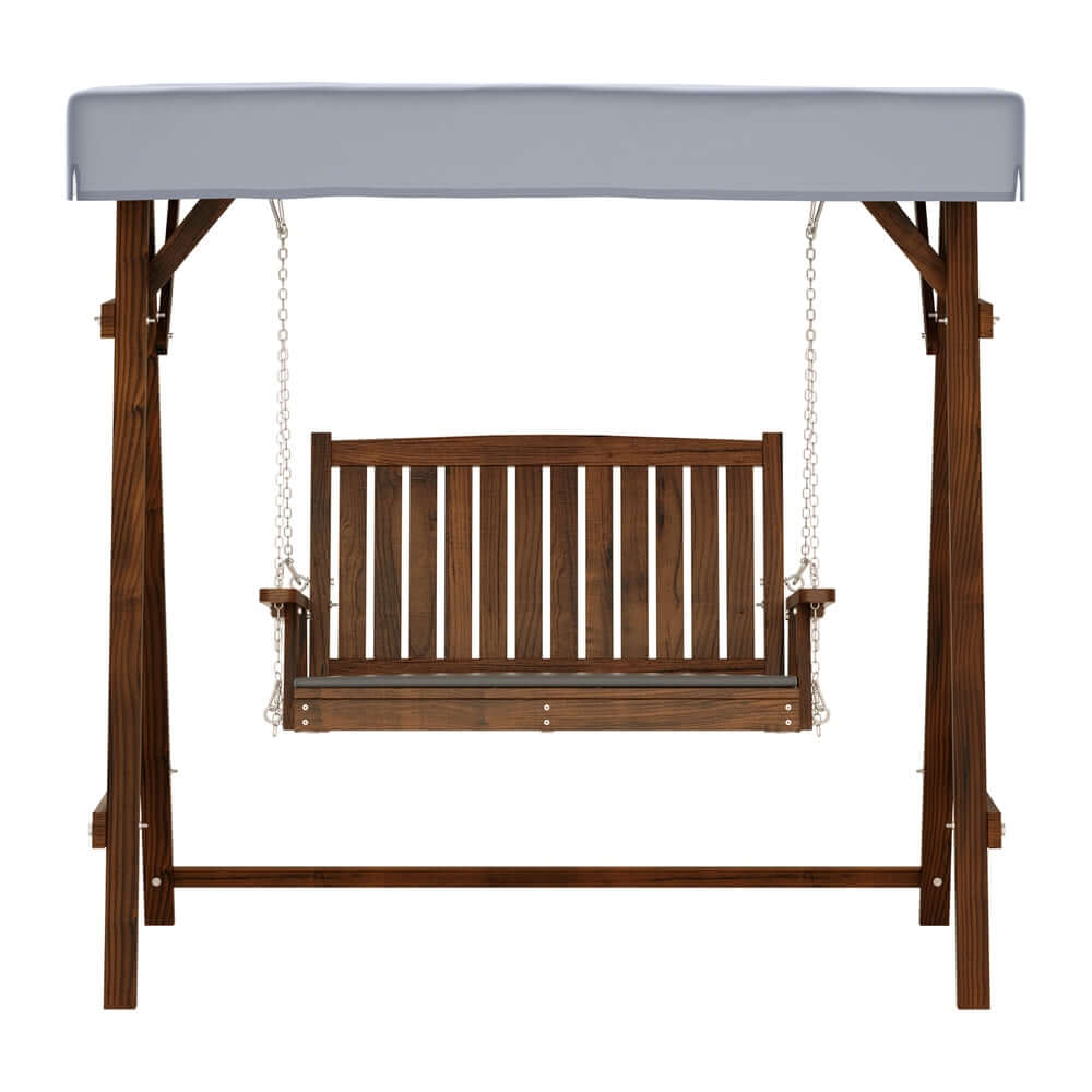 Gardeon outdoor wooden swing chair with a canopy, affordable and stylish 2-seater for garden lounging.