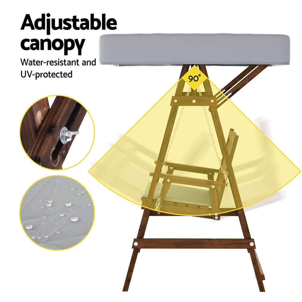 Gardeon adjustable canopy swing chair with water-resistant and UV-protected features, showcasing stable wooden frame.