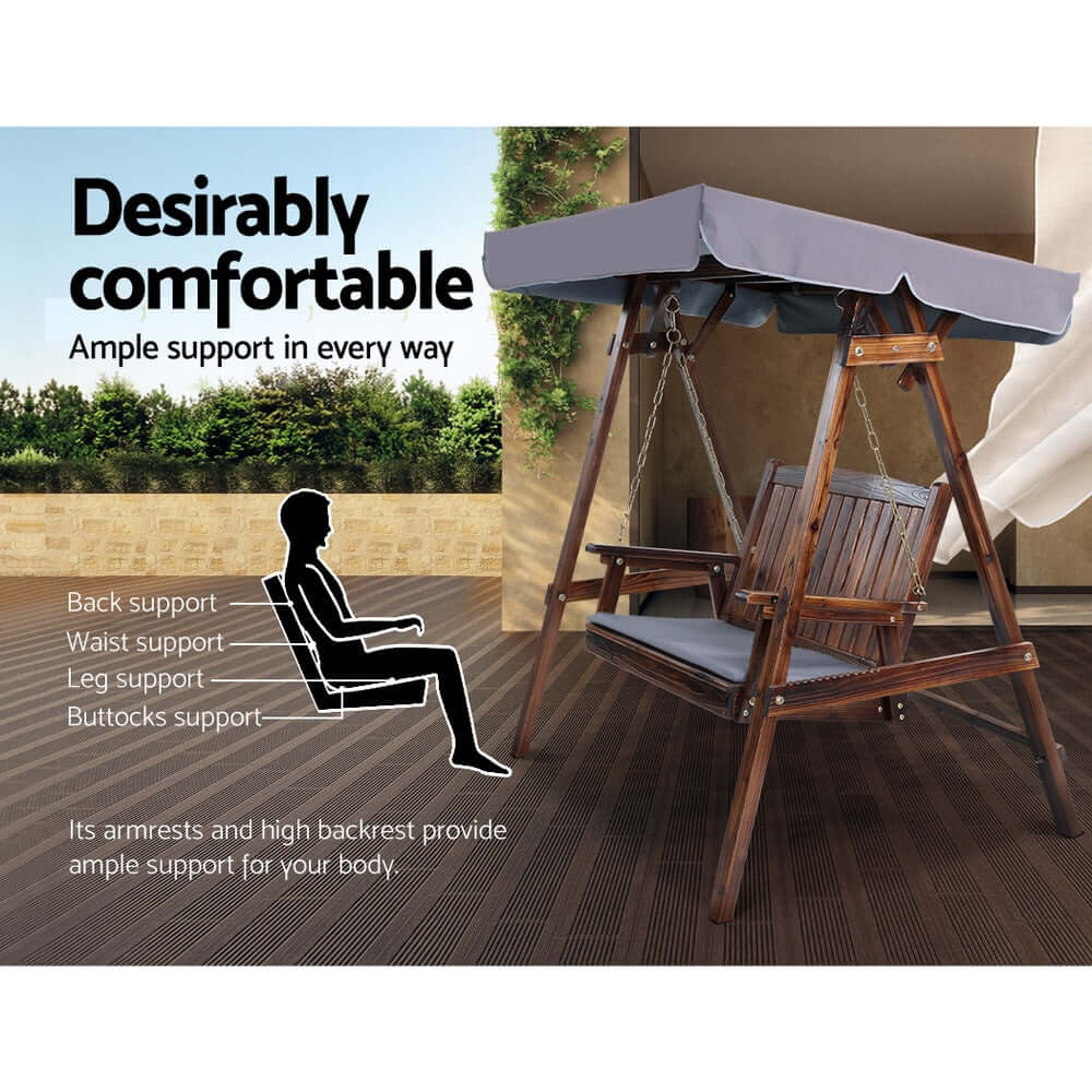 Gardeon outdoor wooden swing chair with canopy, showcasing comfort with supportive design for back, waist, and legs.