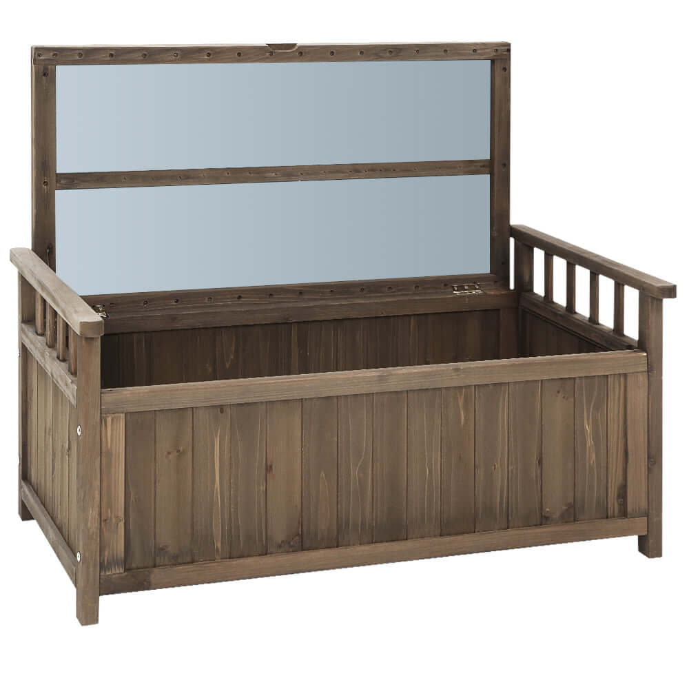 Gardeon wooden outdoor storage bench box in brown, dual-purpose as seating and storage, ideal for garden and patio use.