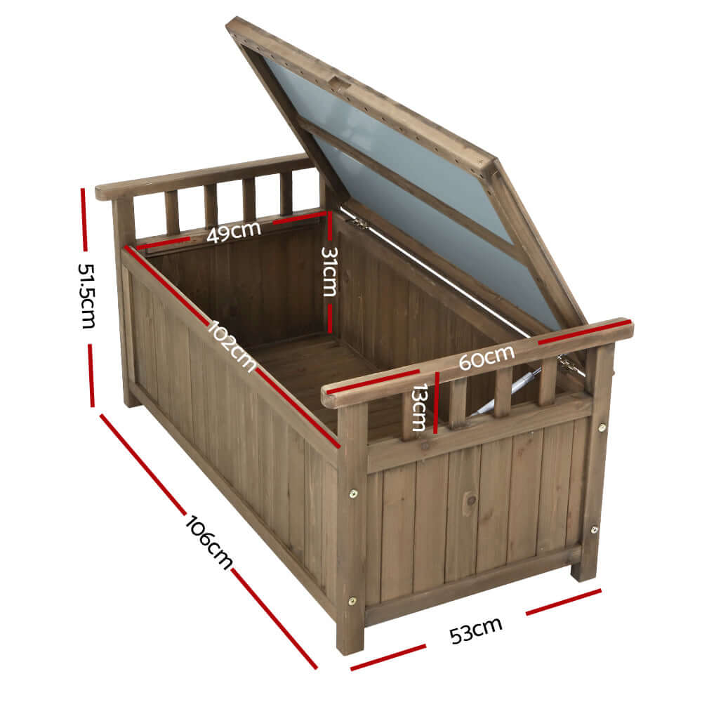 Gardeon wooden outdoor storage bench dimensions with lid open, showcasing quality and affordable design for garden use.