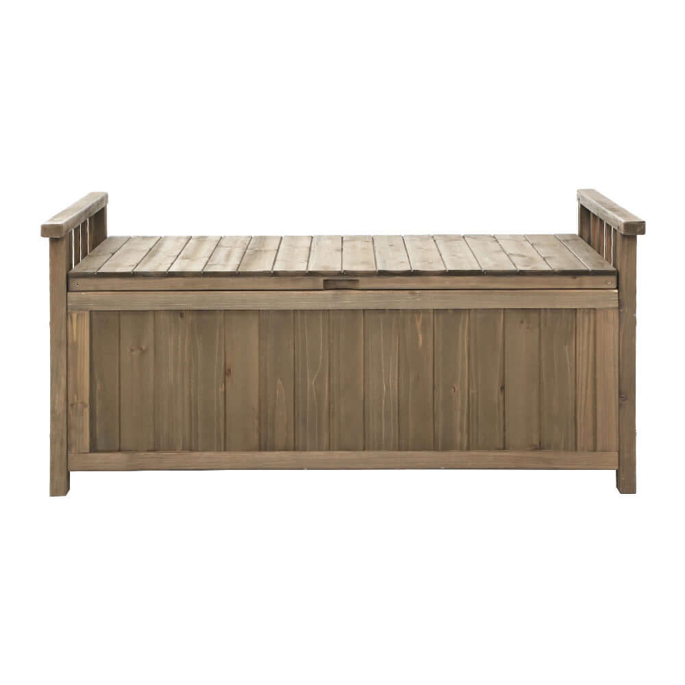 Gardeon outdoor storage bench in brown wood, ideal for garden use and versatile for storage and seating.