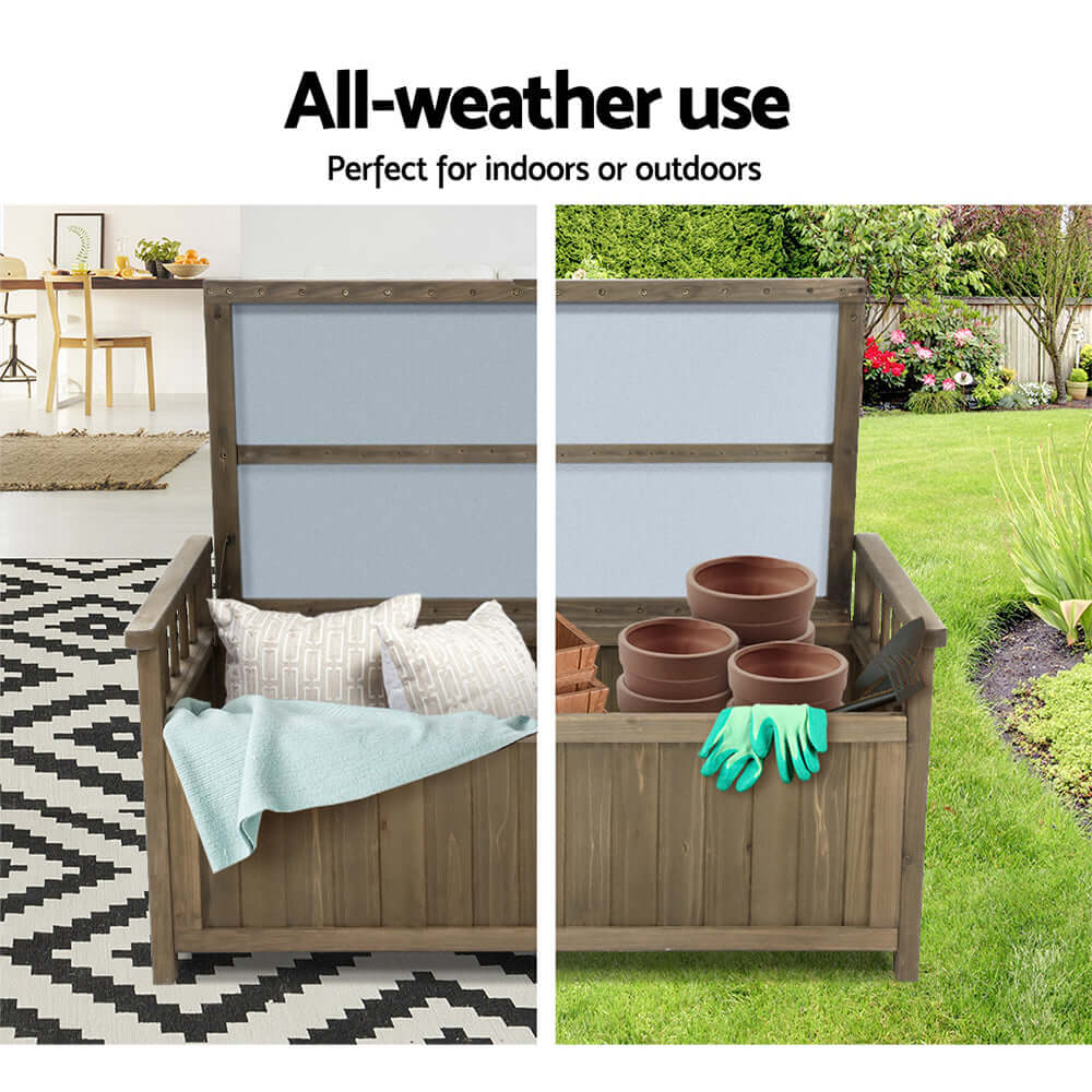 Gardeon outdoor storage bench showcasing all-weather use, perfect for indoor and outdoor settings, featuring cozy cushions and storage.