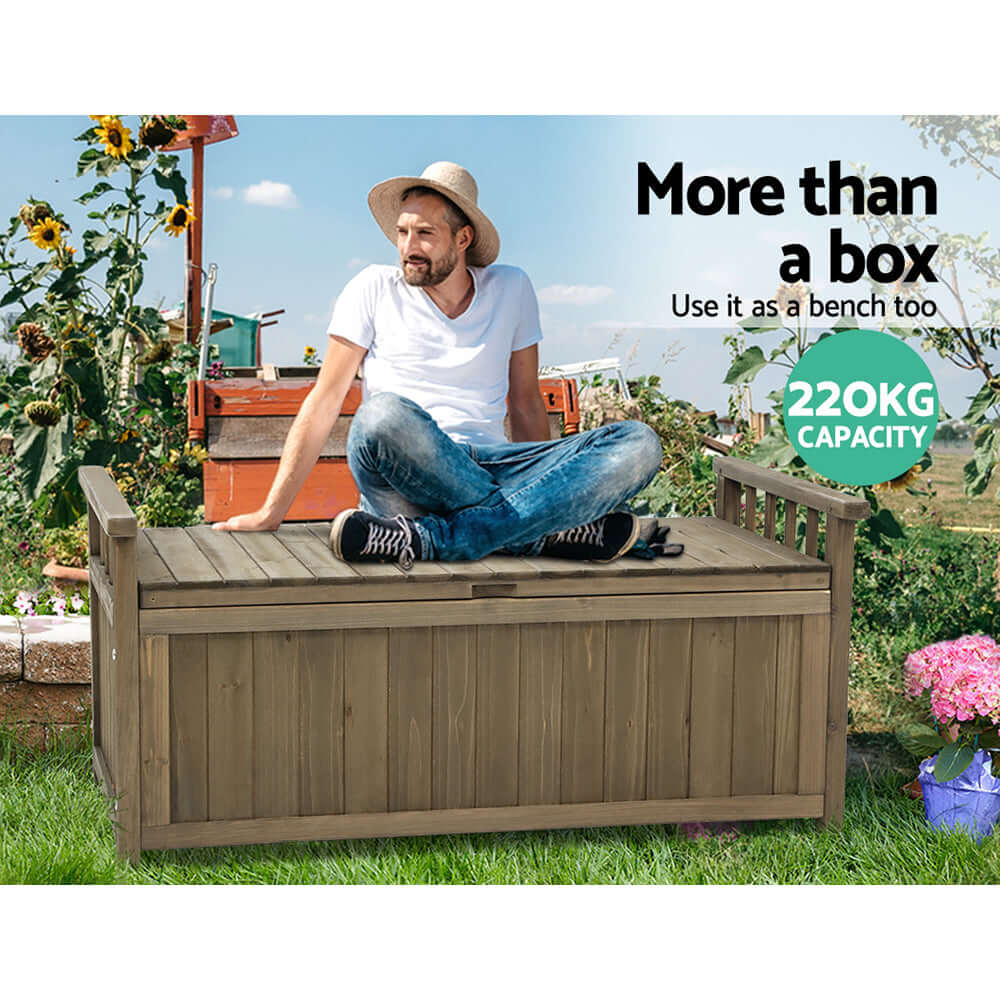 Gardeon outdoor storage bench box used as a seat in garden, featuring a 220kg capacity, ideal for affordable and quality outdoor furniture.