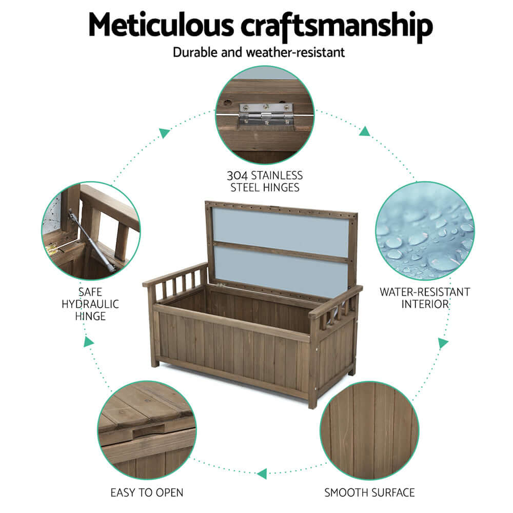 Gardeon outdoor storage bench box showcasing craftsmanship with stainless steel hinges and a water-resistant interior.