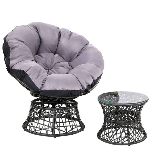 Gardeon affordable Papasan chair and side table set in black with plush padding, perfect for indoor or outdoor relaxation.