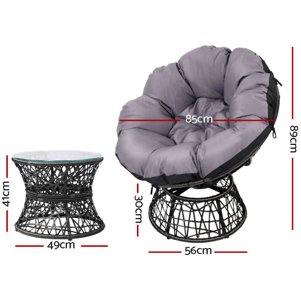 Gardeon Papasan chair and side table set showing dimensions; affordable, quality wicker garden furniture for indoor/outdoor use.