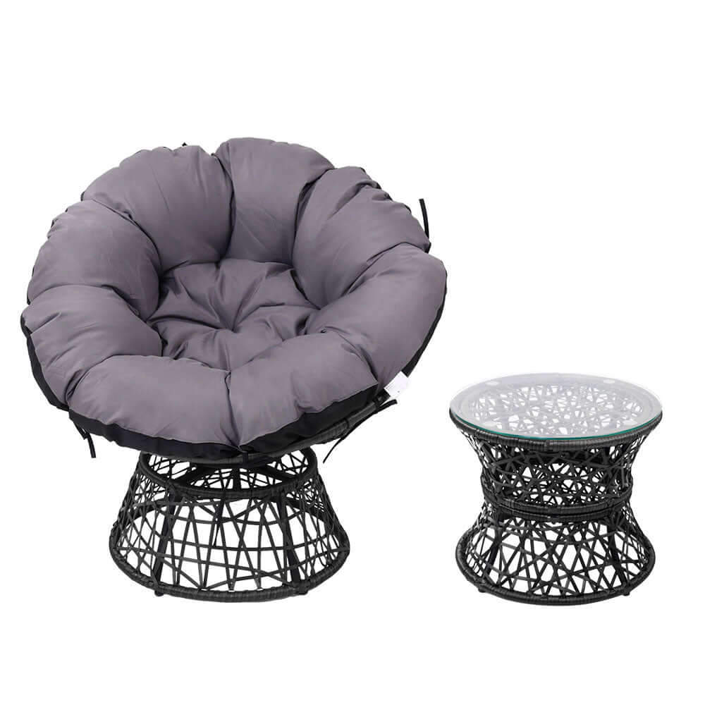 Gardeon Black Papasan Chair with thick padding and wicker side table, perfect for outdoor luxury and affordable comfort.