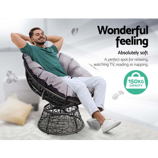 Gardeon Papasan Chair in black with soft padding for relaxing, reading, and napping. Supports 150kg, ideal for indoors or outdoors.