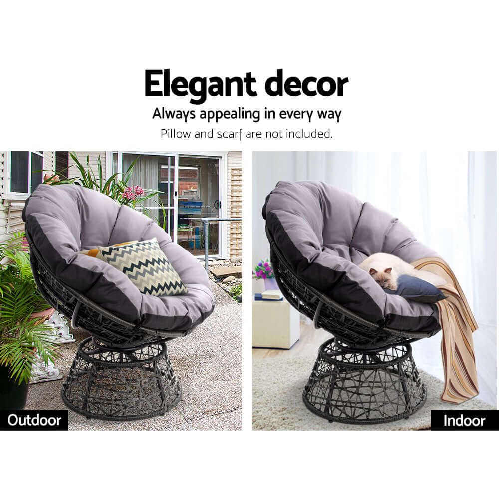 Gardeon Papasan chair in outdoor and indoor settings showcasing elegant decor, featuring plush cushion and stylish wicker design.