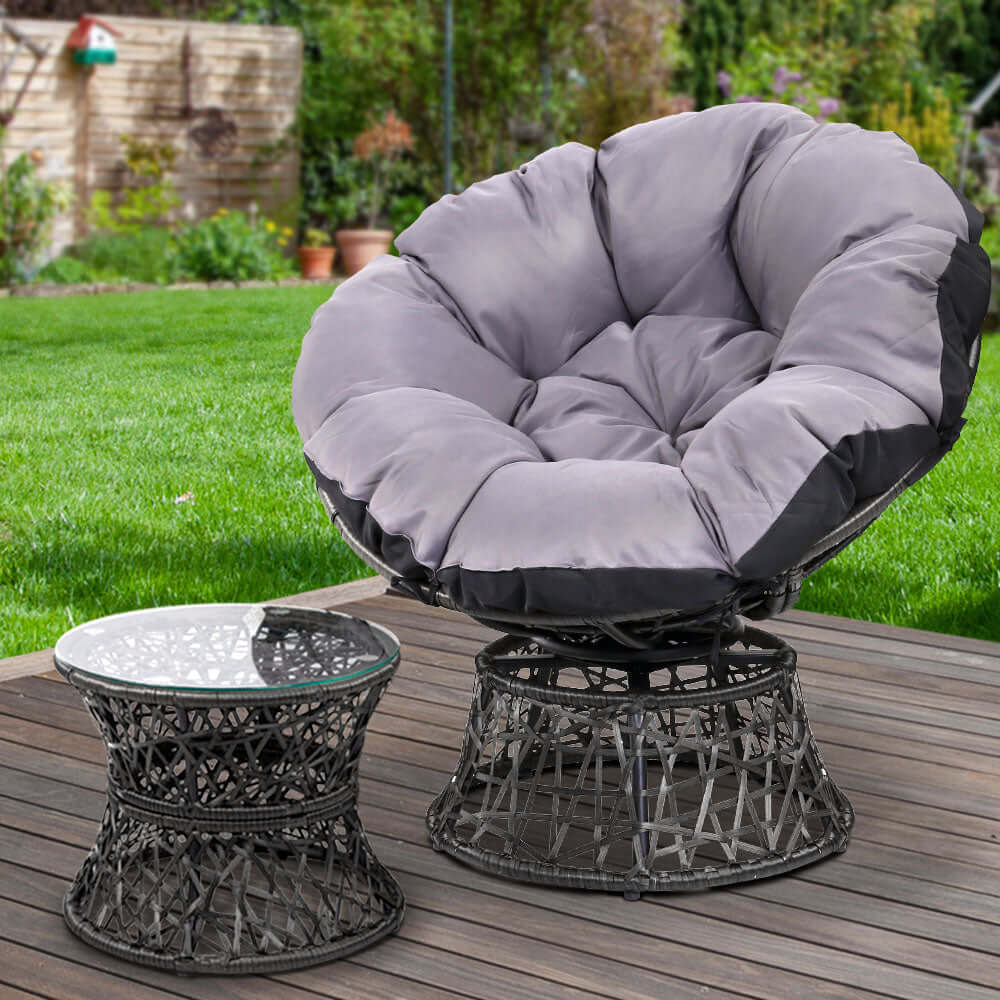 Gardeon Papasan Chair with side table, outdoor furniture set in black, affordable and stylish garden seating.