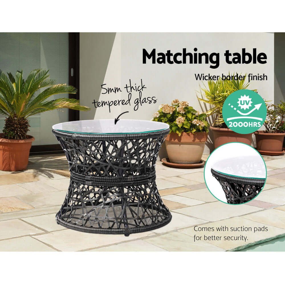 Gardeon matching table with 5mm thick tempered glass and wicker finish, ideal for outdoor use and durability.