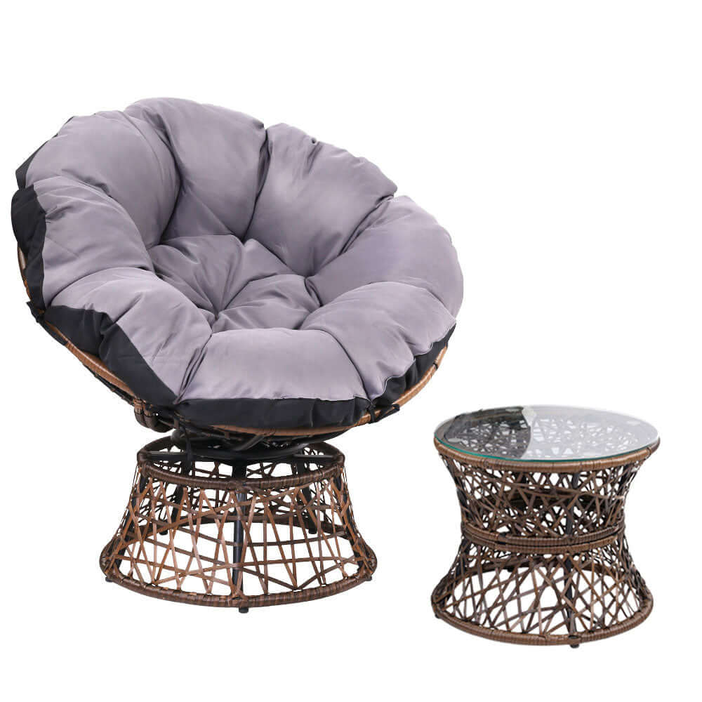 Gardeon Papasan chair and wicker side table in brown with plush grey padding, perfect for stylish outdoor or indoor relaxation.