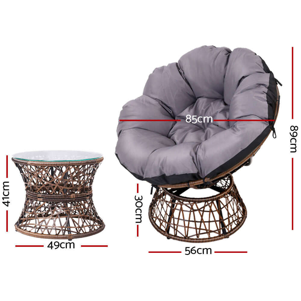 Gardeon Papasan Chair with gray cushion and side table, perfect for outdoor or indoor lounging, affordable garden furniture.