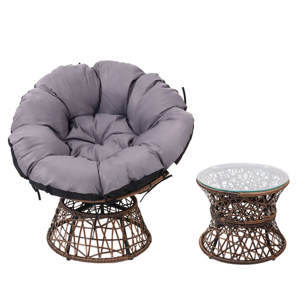 Affordable Gardeon Papasan Chair with gray cushion and glass side table, perfect for indoor and outdoor relaxation.